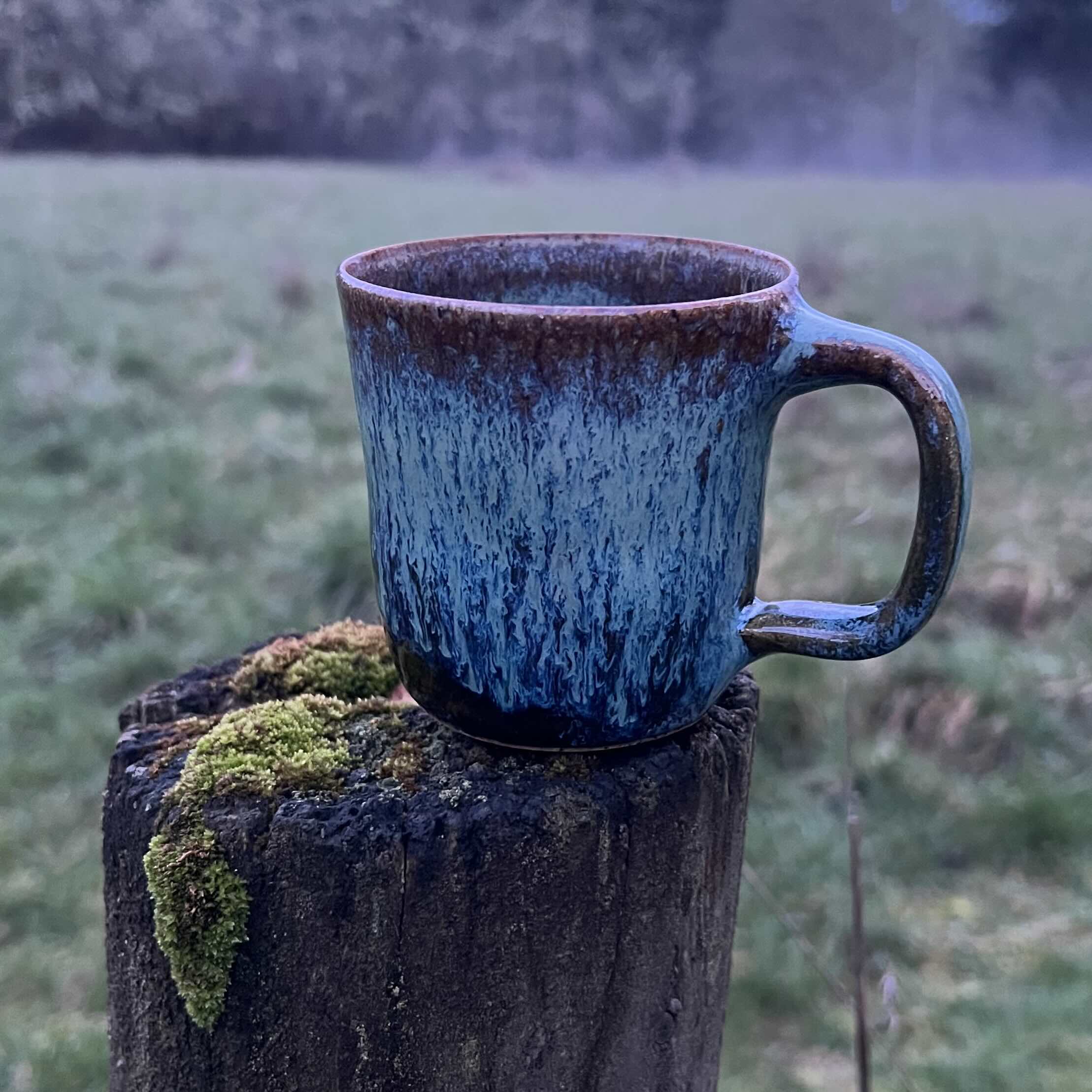 A blue cup sitting on a mossy post outside. The glaze reveals an interesting pattern of streaks.